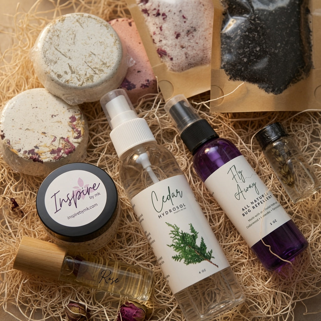InspireByMK complete aromatherapy product collection displayed in gift set featuring bath salts with dried botanicals in ceramic bowls, Cedar Hydrosol spray, Bug Natural Repellent, Rose essential oil roller, and Inspire balm on natural straw packaging for handcrafted wellness products