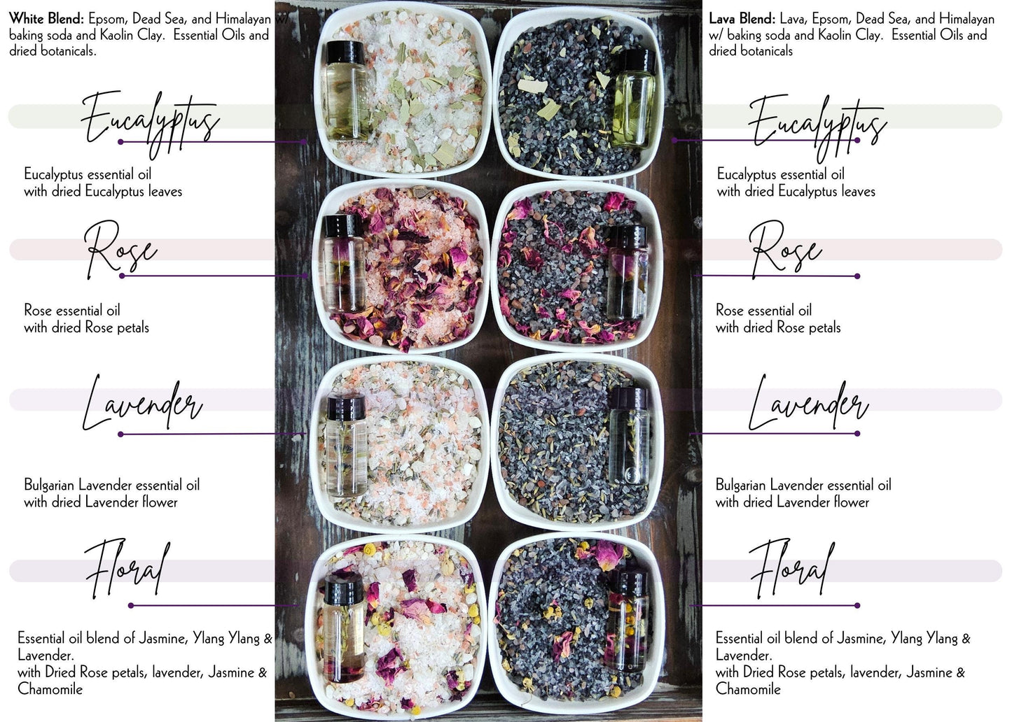 InspireByMK bath salt collection showing Epsom Blend and Lava Blend in four scents — Eucalyptus, Rose, Lavender, and Floral — with dried botanicals, essential oils, and included bath oil bottles. Handcrafted all-natural aromatherapy bath salts.