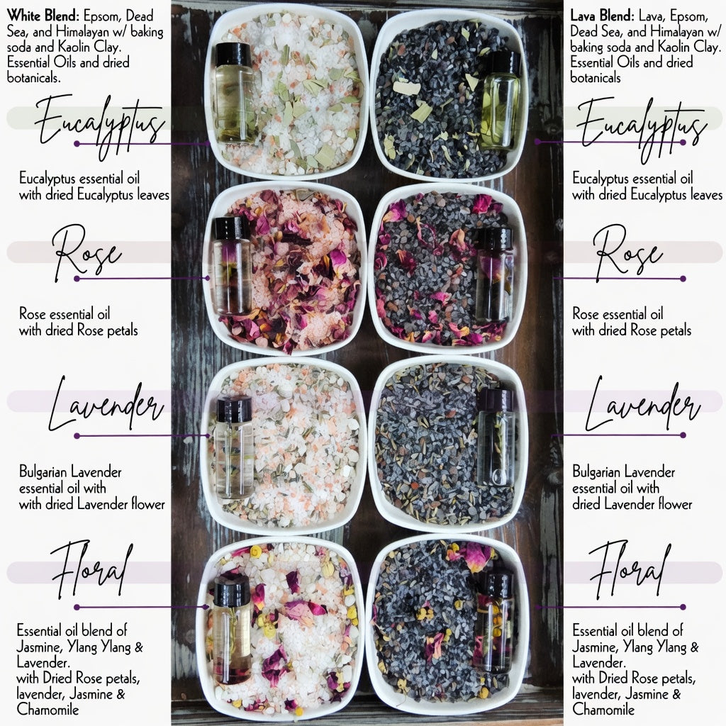 InspireByMK bath salt collection showing Epsom Blend and Lava Blend in four scents — Eucalyptus, Rose, Lavender, and Floral — with dried botanicals, essential oils, and included bath oil bottles. Handcrafted all-natural aromatherapy bath salts.