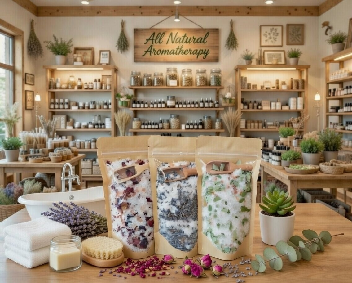 InspireByMK White Blend bath salts in three scents — Rose, Lavender, and Eucalyptus — displayed in resealable kraft pouches with wooden scoops, surrounded by fresh lavender, dried rose buds, eucalyptus sprigs, and a body brush in a natural aromatherapy shop setting.