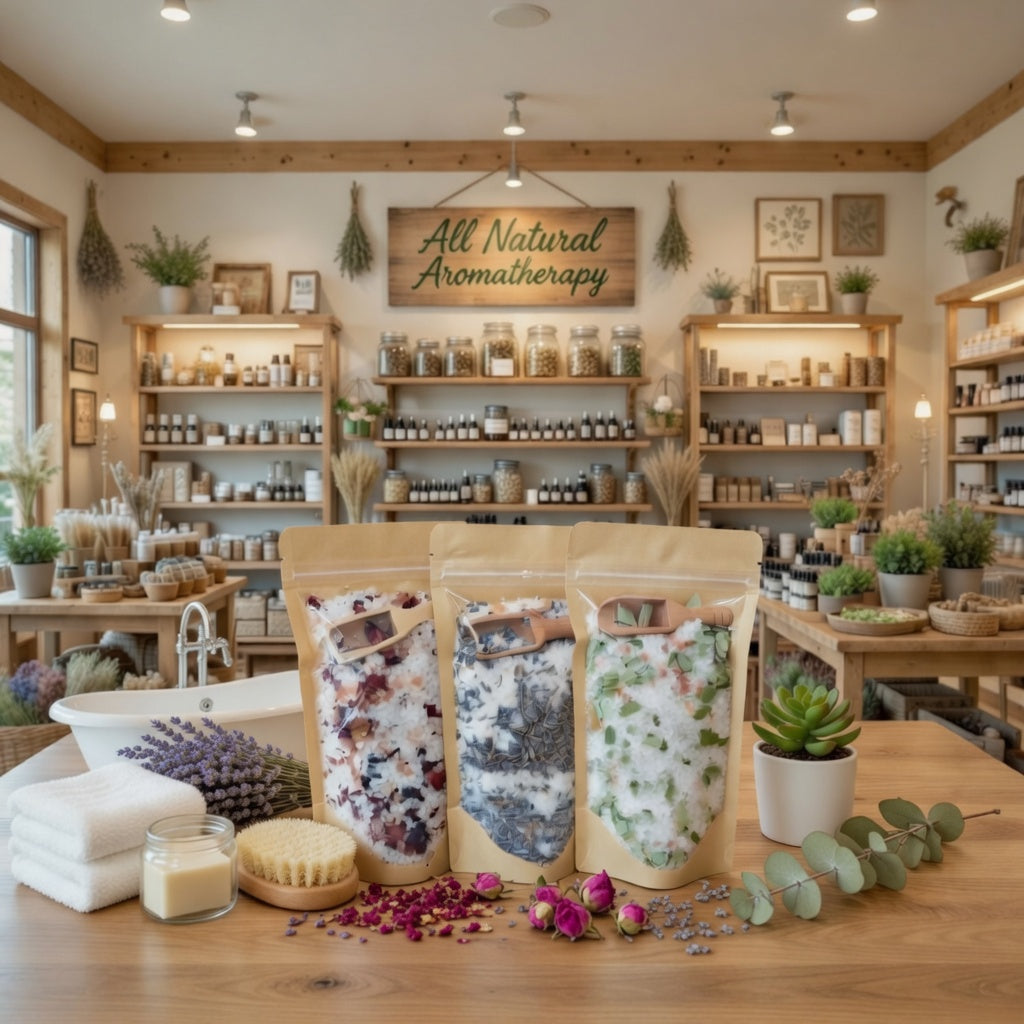 InspireByMK White Blend bath salts in three scents — Rose, Lavender, and Eucalyptus — displayed in resealable kraft pouches with wooden scoops, surrounded by fresh lavender, dried rose buds, eucalyptus sprigs, and a body brush in a natural aromatherapy shop setting.