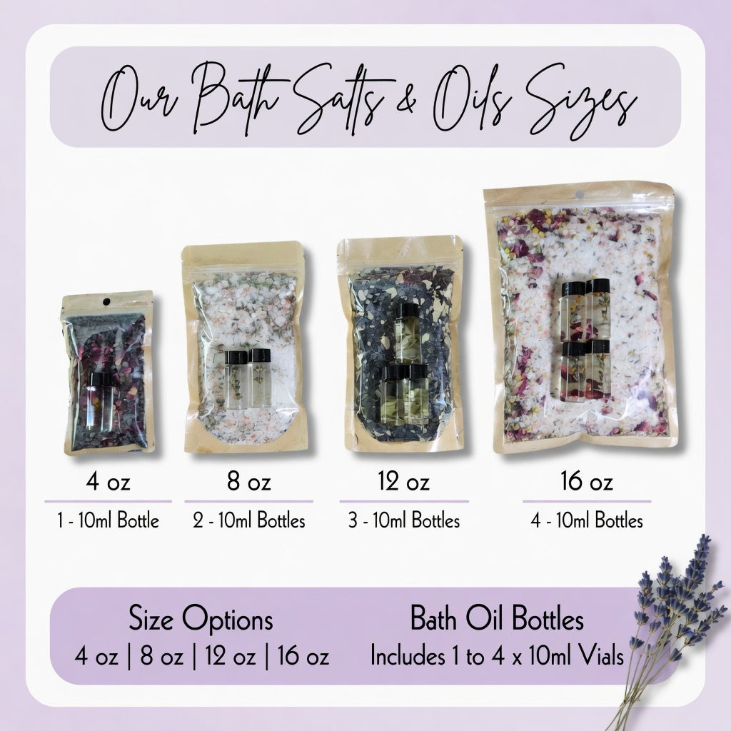InspireByMK bath salts size guide showing four options (4oz, 8oz, 12oz, 16oz) with complementary 10ml essential oil roller bottles in kraft paper pouches containing epsom and lava salt blends with dried rose petals and lavender botanicals