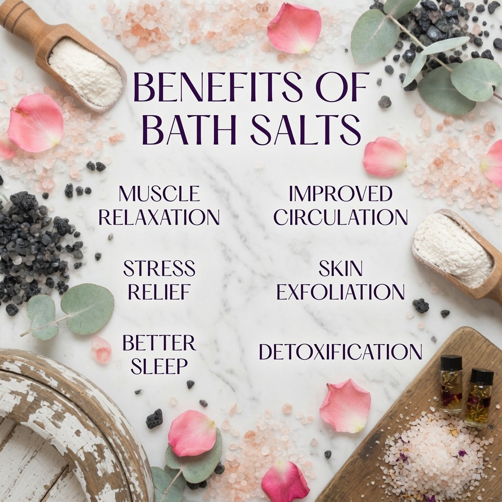 InspireByMK bath salts benefits infographic featuring muscle relaxation, improved circulation, stress relief, skin exfoliation, better sleep, and detoxification with wooden scoops of natural epsom and lava salts, rose petals, and eucalyptus botanicals