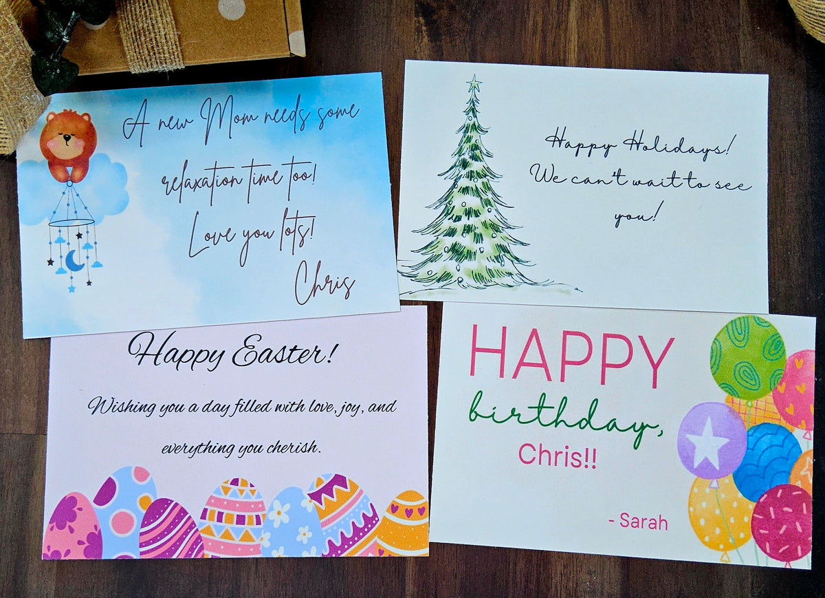 InspireByMK custom gift message card inserts showing personalized messaging options for premium gift wrapping service, handwritten style cards with natural botanical accents
