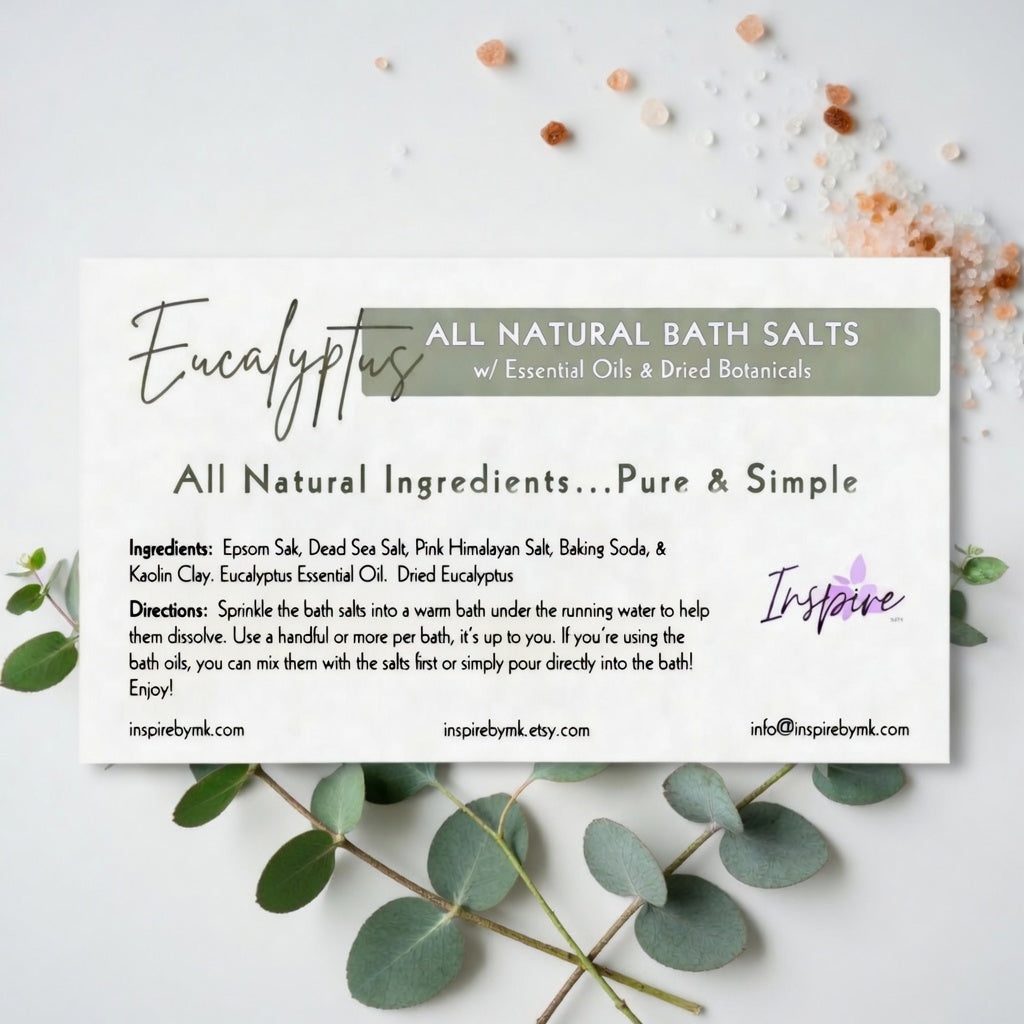 InspireByMK Eucalyptus Epsom bath salt product label showing all-natural ingredients epsom salt, dead sea salt, pink himalayan salt, kaolin clay, eucalyptus essential oil, and dried eucalyptus botanicals with usage directions and fresh eucalyptus branch styling