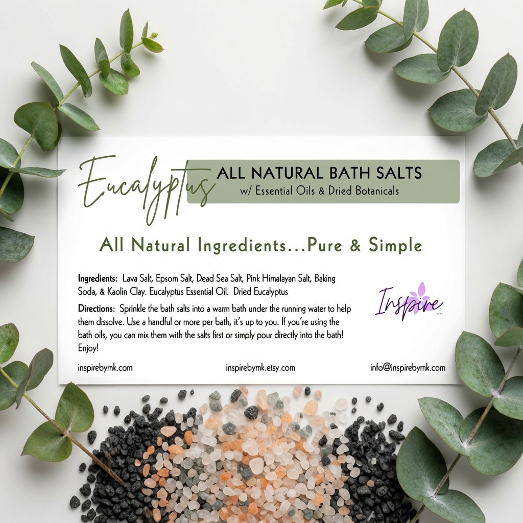 InspireByMK Eucalyptus Lava bath salt product label featuring all-natural lava salt, epsom salt, dead sea salt, pink himalayan salt, kaolin clay, eucalyptus essential oil, and dried eucalyptus with directions and fresh eucalyptus leaf botanical decoration