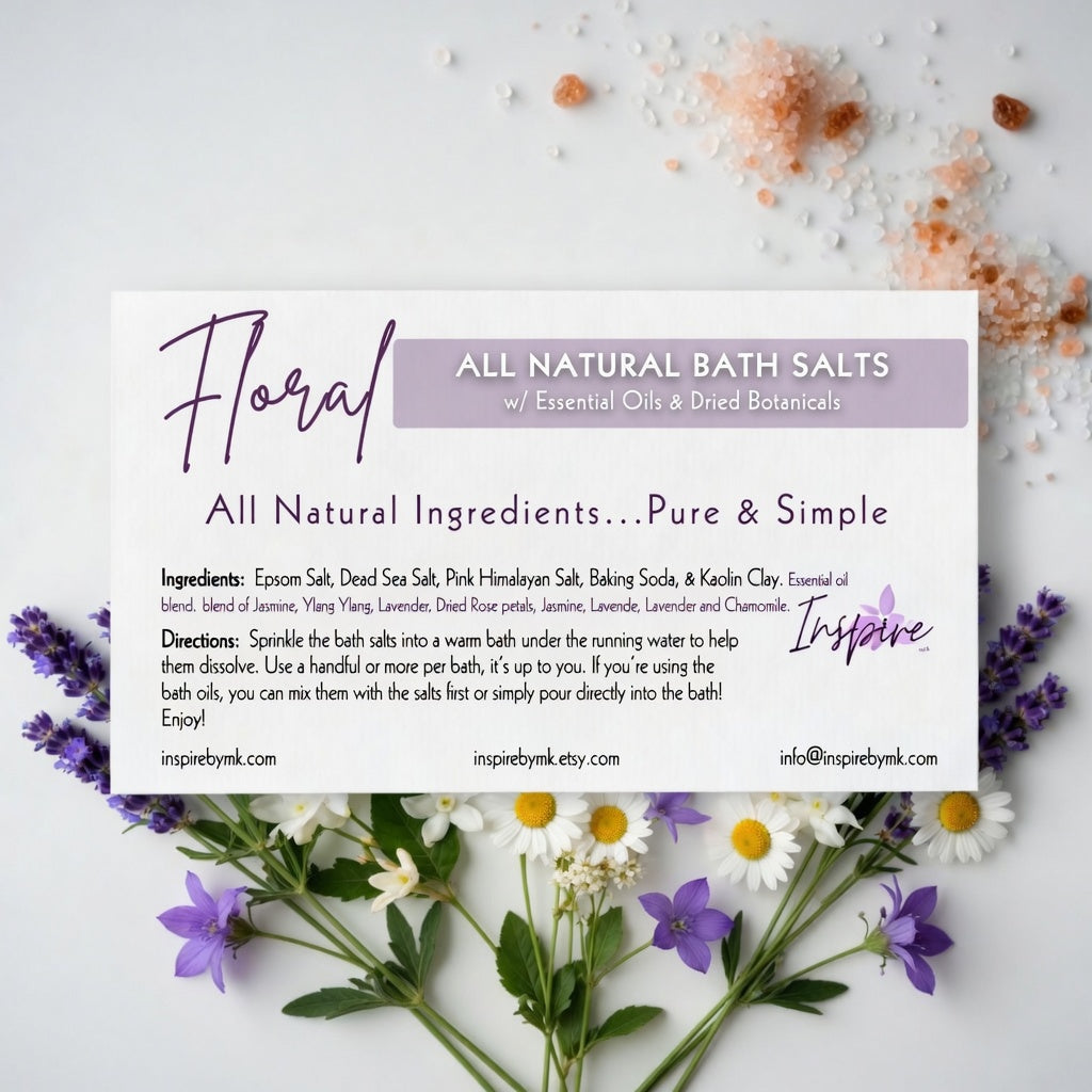 InspireByMK Floral Epsom bath salt label with all-natural epsom salt, dead sea salt, pink himalayan salt, kaolin clay, and essential oil blend of jasmine, ylang ylang, lavender with dried flower petals and chamomile, surrounded by purple lavender and white daisy botanicals