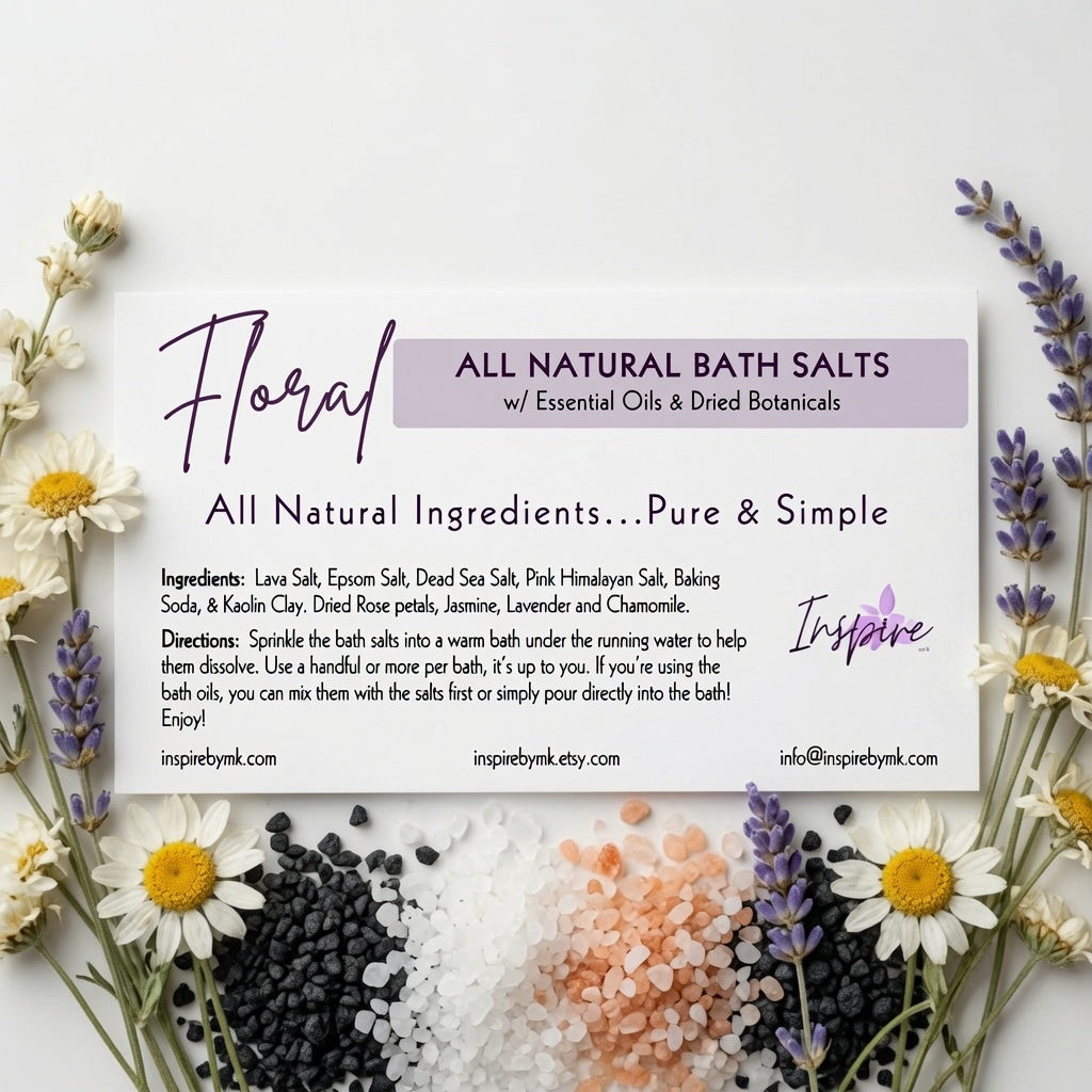 InspireByMK Floral Lava bath salt product label featuring all-natural lava salt, epsom salt, dead sea salt, pink himalayan salt, kaolin clay with jasmine, lavender, chamomile, and dried rose petals, decorated with white daisies and purple lavender botanical styling