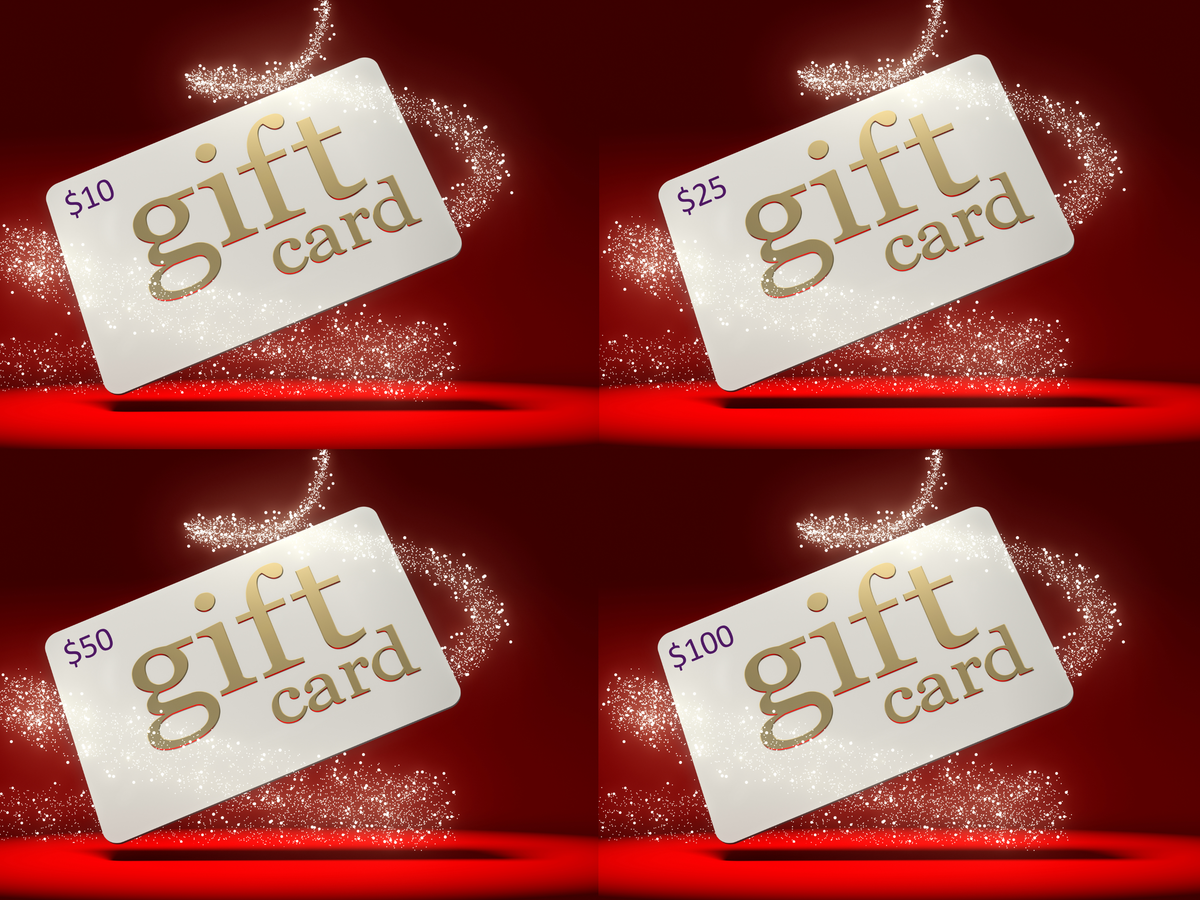 InspireByMK gift card featuring purple Inspire branding for giving handcrafted aromatherapy products, customizable denomination options, redeemable for natural skincare and wellness