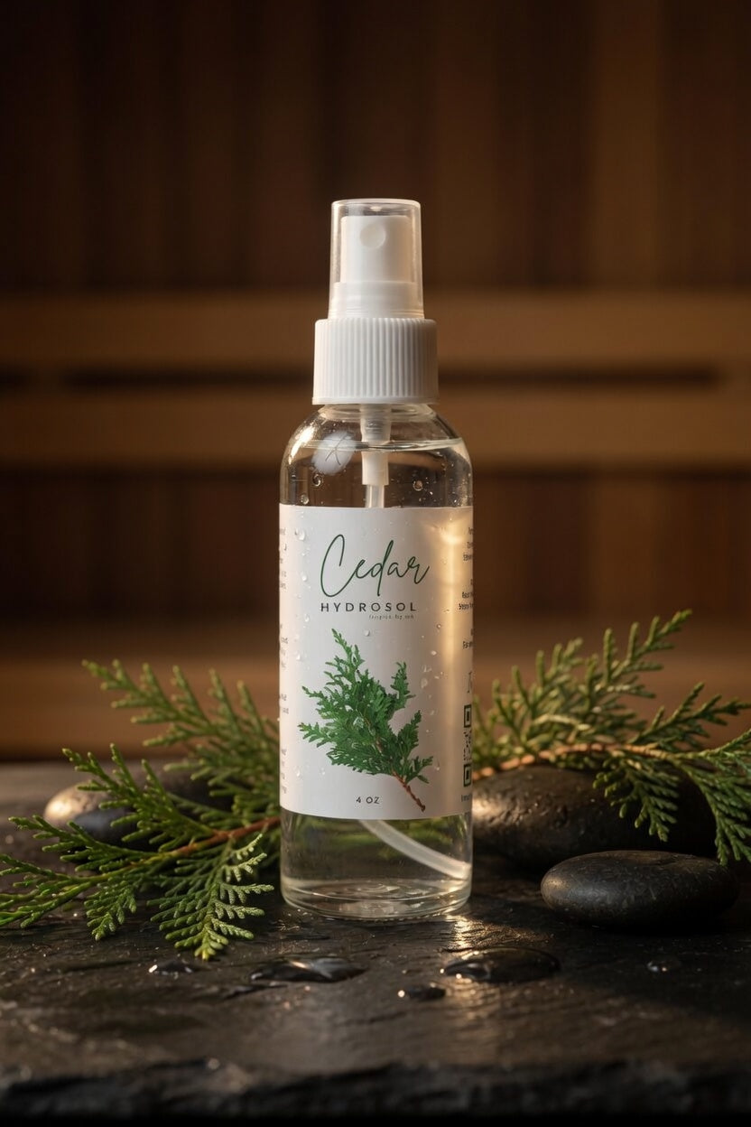 Cedar Hydrosol 4oz spray bottle on dark wet stone surrounded by fresh cedar branches. All natural organic cedar hydrosol smudging spray, facial mist, room spray and hydrating face toner. Pure steam-distilled cedar hydrosol for calming grounding aroma, positive energy and natural wellness.