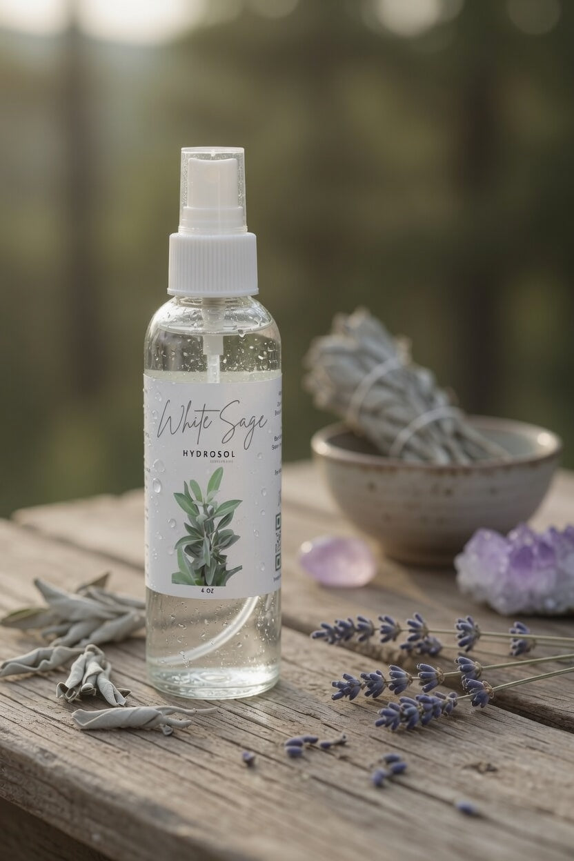 White Sage Hydrosol 4oz spray bottle on rustic wood with fresh white sage, lavender, and amethyst crystals. All natural organic white sage hydrosol smudging spray, purifying facial mist, and grounding room spray for cleansing and spiritual aromatherapy.