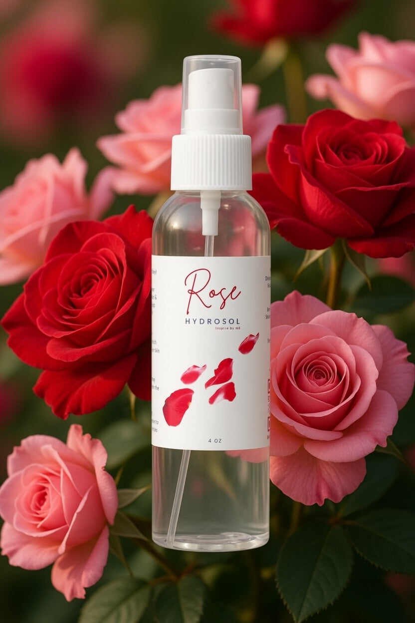 Rose Hydrosol 4oz spray bottle surrounded by blooming red and pink roses. All natural organic rose hydrosol facial mist, body spray, and natural face toner made with pure steam-distilled rose petals for glowing skin and calming aromatherapy.