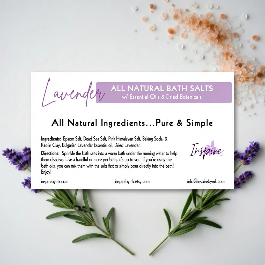 InspireByMK Lavender Epsom bath salt product label featuring all-natural epsom salt, dead sea salt, pink himalayan salt, kaolin clay, Bulgarian lavender essential oil, and dried lavender botanicals, decorated with fresh purple lavender sprigs