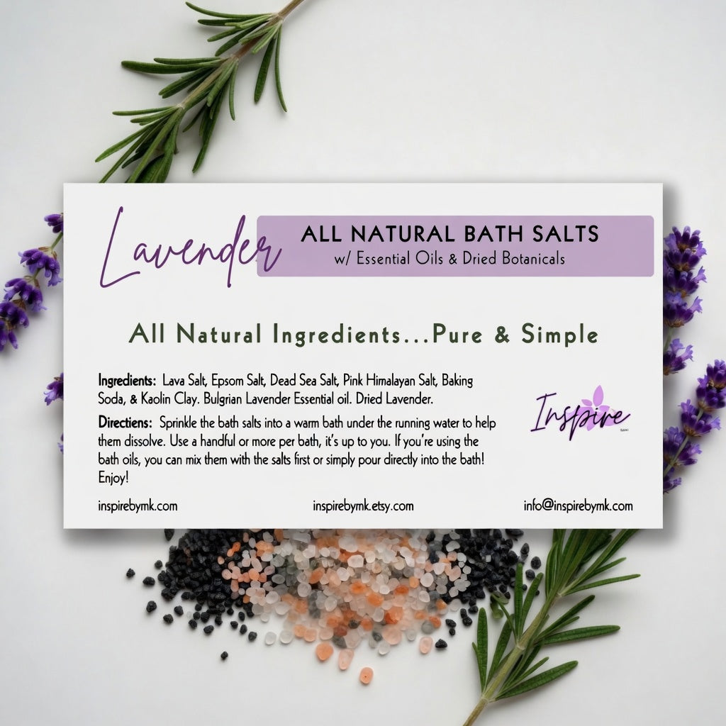 InspireByMK Lavender Lava bath salt label with all-natural lava salt, epsom salt, dead sea salt, pink himalayan salt, baking soda, kaolin clay, Bulgarian lavender essential oil, and dried lavender surrounded by fresh purple lavender botanical styling