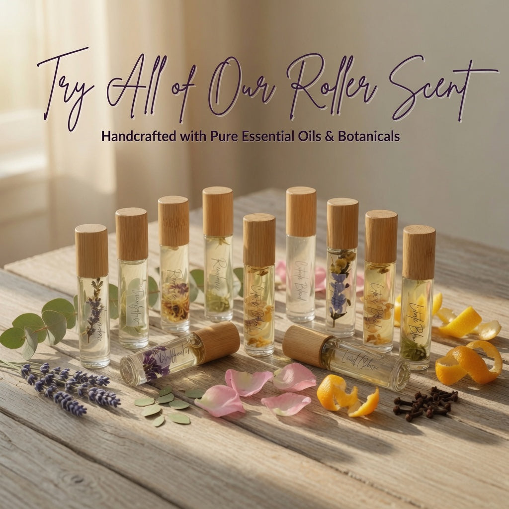Try all of our roller scents - full collection of natural essential oil roller bottles displayed with fresh botanicals and citrus. Handcrafted aromatherapy perfume rollers made with pure essential oils and dried flowers.