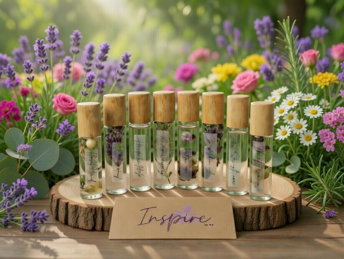 Complete essential oil roller collection displayed in a beautiful flower garden with lavender, roses, and fresh herbs. All natural aromatherapy roller set featuring multiple calming and uplifting scents