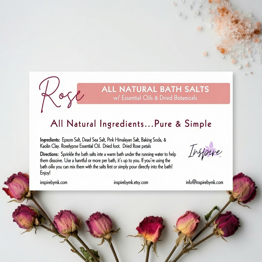 InspireByMK Rose Epsom Bath Salts label surrounded by dried pink rose buds, with pink Himalayan salt and bath salts scattered nearby. All-natural Epsom bath salts with rose essential oil and dried rose petals