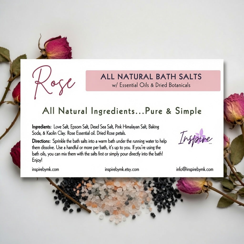 InspireByMK Rose Lava Bath Salts label surrounded by dried pink and red rose buds, with a colorful mix of lava salt, pink Himalayan salt, and dead sea salt scattered below. All-natural bath salts with rose essential oil and dried rose petals