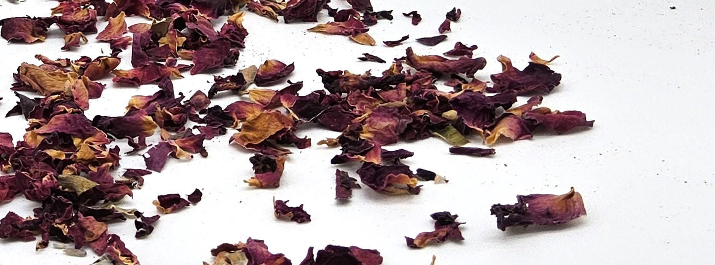 Dried deep red rose petals close-up showing natural botanical ingredient featured in InspireByMK Hydro-Aloe Rose Lotion for luxurious aromatherapy skincare hydration