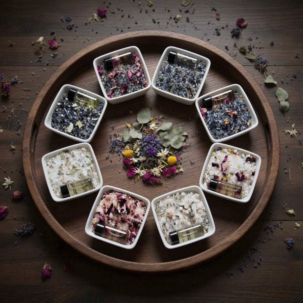 InspireByMK handcrafted bath salts collection featuring eight varieties in white ceramic bowls with dried rose petals, lavender, chamomile, and botanicals, gold essential oil roller bottles, arranged on wooden display tray for natural aromatherapy and spa wellness