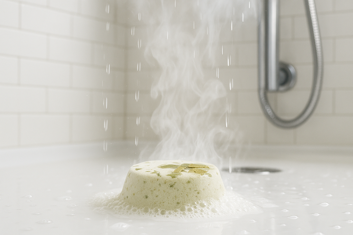 InspireByMK shower steamer dissolving in hot shower water releasing aromatic steam and vapor on white tile shower floor, demonstrating handcrafted aromatherapy steamer with essential oils and dried botanicals activating with water for sinus relief and relaxation