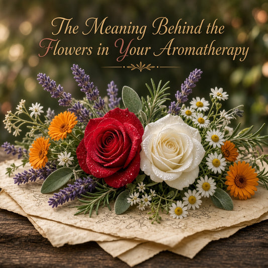 Victorian-style bouquet of roses, lavender, chamomile, jasmine, calendula, and rosemary on aged parchment in warm golden light.