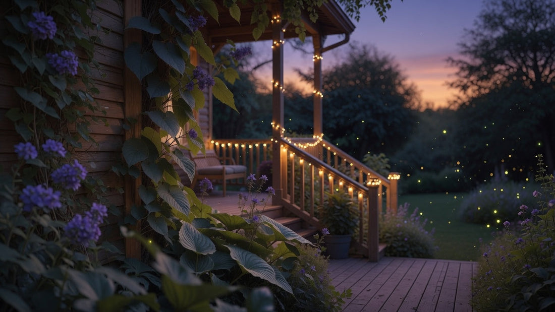 Romantic twilight porch with glowing string lights and purple flowers, cozy evening outdoor living space