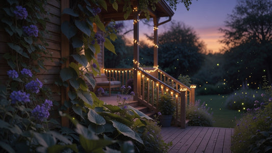 Romantic twilight porch with glowing string lights and purple flowers, cozy evening outdoor living space