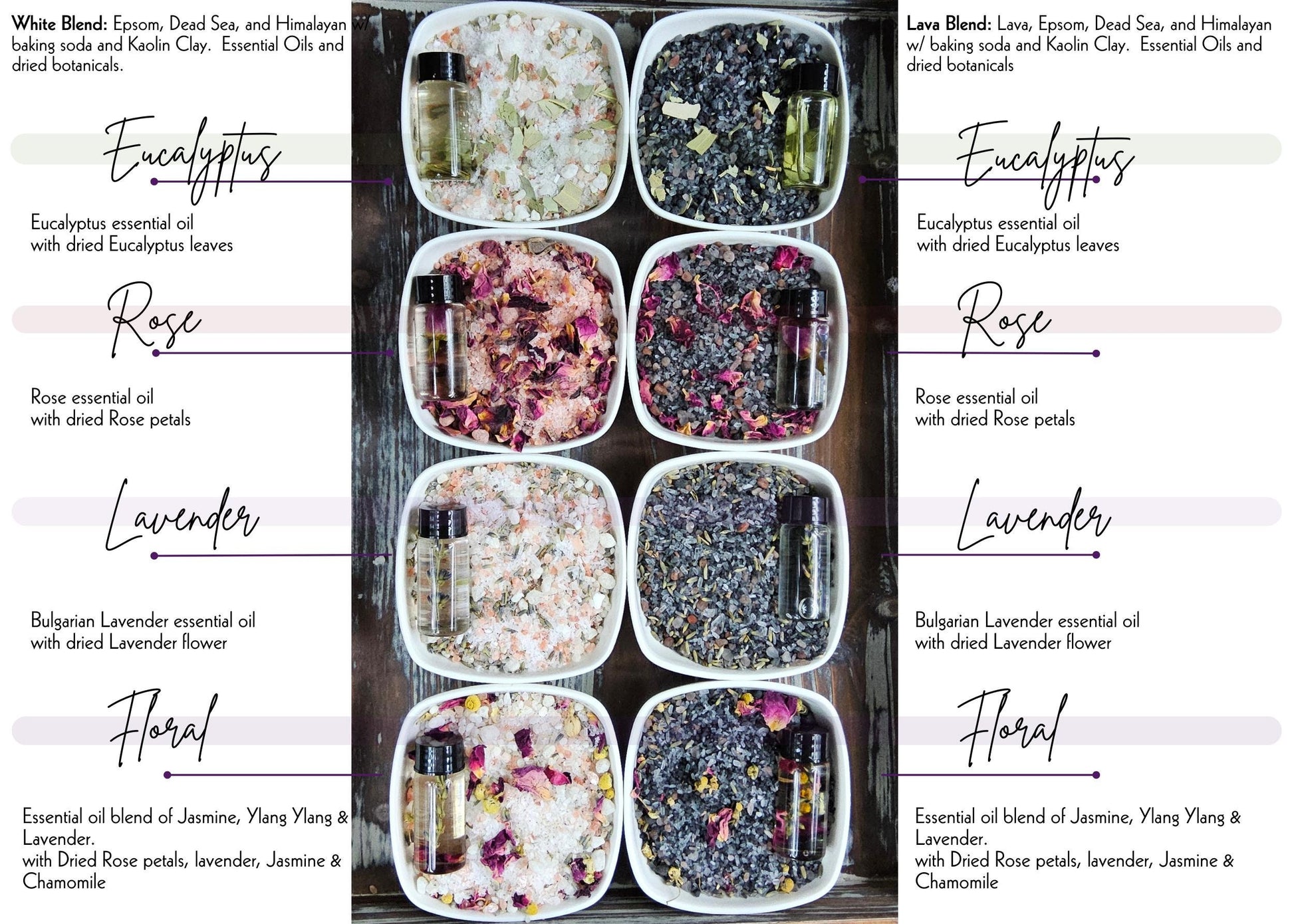 InspireByMK bath salt collection showing Epsom Blend and Lava Blend in four scents — Eucalyptus, Rose, Lavender, and Floral — with dried botanicals, essential oils, and included bath oil bottles. Handcrafted all-natural aromatherapy bath salts.