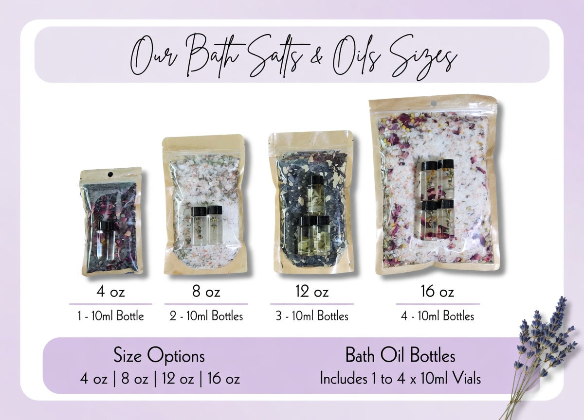 InspireByMK bath salts size guide showing four options (4oz, 8oz, 12oz, 16oz) with complementary 10ml essential oil roller bottles in kraft paper pouches containing epsom and lava salt blends with dried rose petals and lavender botanicals