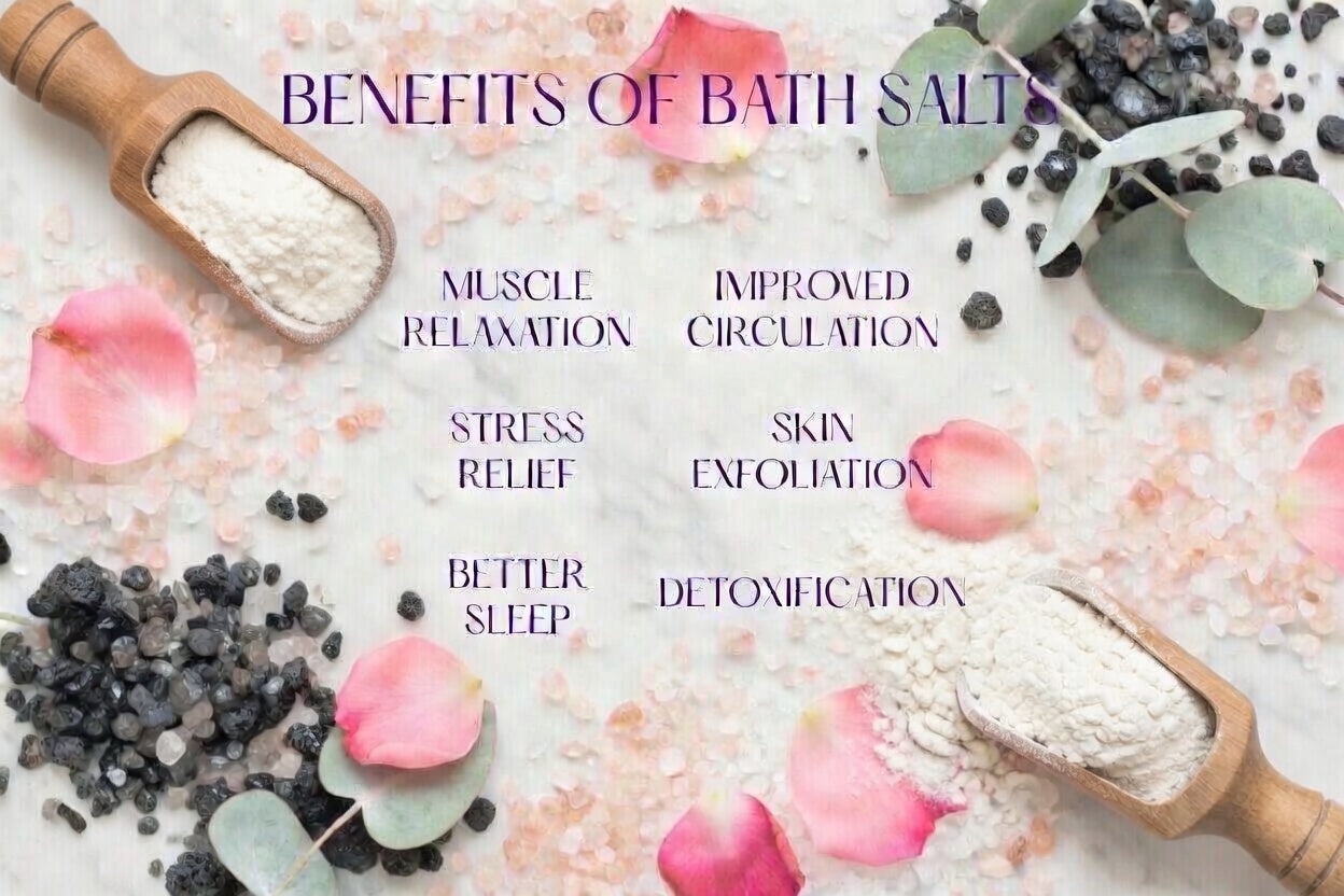 InspireByMK bath salts benefits infographic featuring muscle relaxation, improved circulation, stress relief, skin exfoliation, better sleep, and detoxification with wooden scoops of natural epsom and lava salts, rose petals, and eucalyptus botanicals