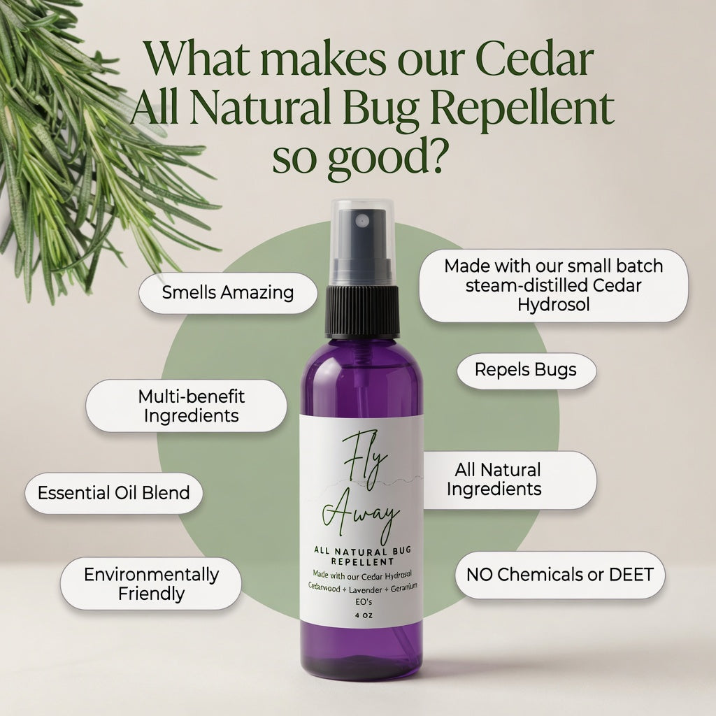 Fly Away Cedar All Natural Bug Repellent infographic featuring a purple spray bottle surrounded by benefit bubbles including 'Smells Amazing', 'Repels Bugs', 'All Natural Ingredients', 'NO Chemicals or DEET', 'Made with our small batch steam-distilled Cedar Hydrosol', and 'Environmentally Friendly' with fresh cedar and rosemary sprigs.