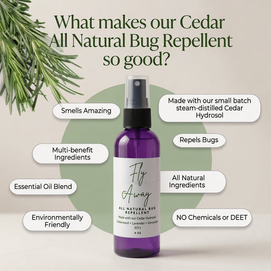 Fly Away Cedar All Natural Bug Repellent infographic featuring a purple spray bottle surrounded by benefit bubbles including 'Smells Amazing', 'Repels Bugs', 'All Natural Ingredients', 'NO Chemicals or DEET', 'Made with our small batch steam-distilled Cedar Hydrosol', and 'Environmentally Friendly' with fresh cedar and rosemary sprigs.