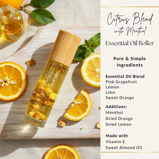 Citrus blend with menthol essential oil roller featuring pink grapefruit, lemon, lime, sweet orange and fresh mint, natural energizing aromatherapy roller.