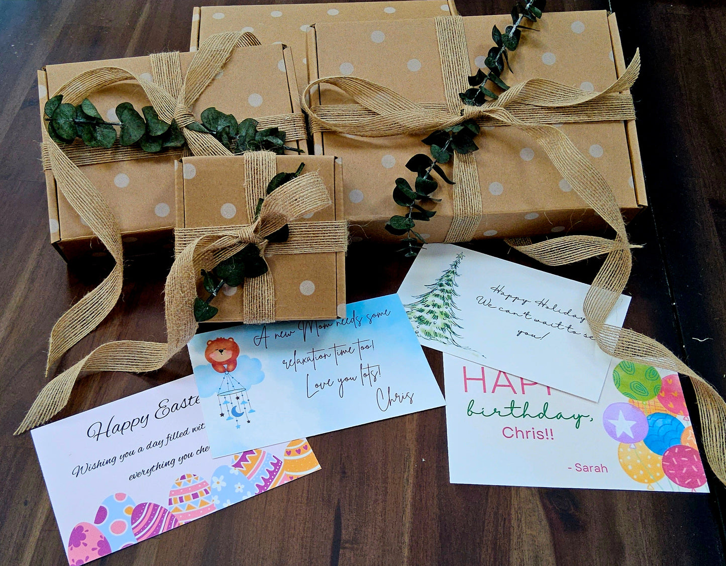 InspireByMK premium gift wrapping service featuring handcrafted gift boxes with coordinating hemp ribbon, custom message cards, and fresh eucalyptus stems, ready-to-give aromatherapy gifts