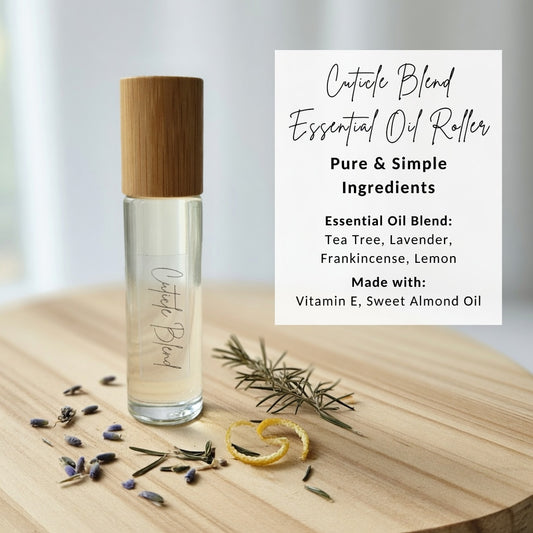 Cuticle blend essential oil roller with tea tree, lavender, frankincense and lemon, vitamin E and sweet almond oil, natural cuticle care.