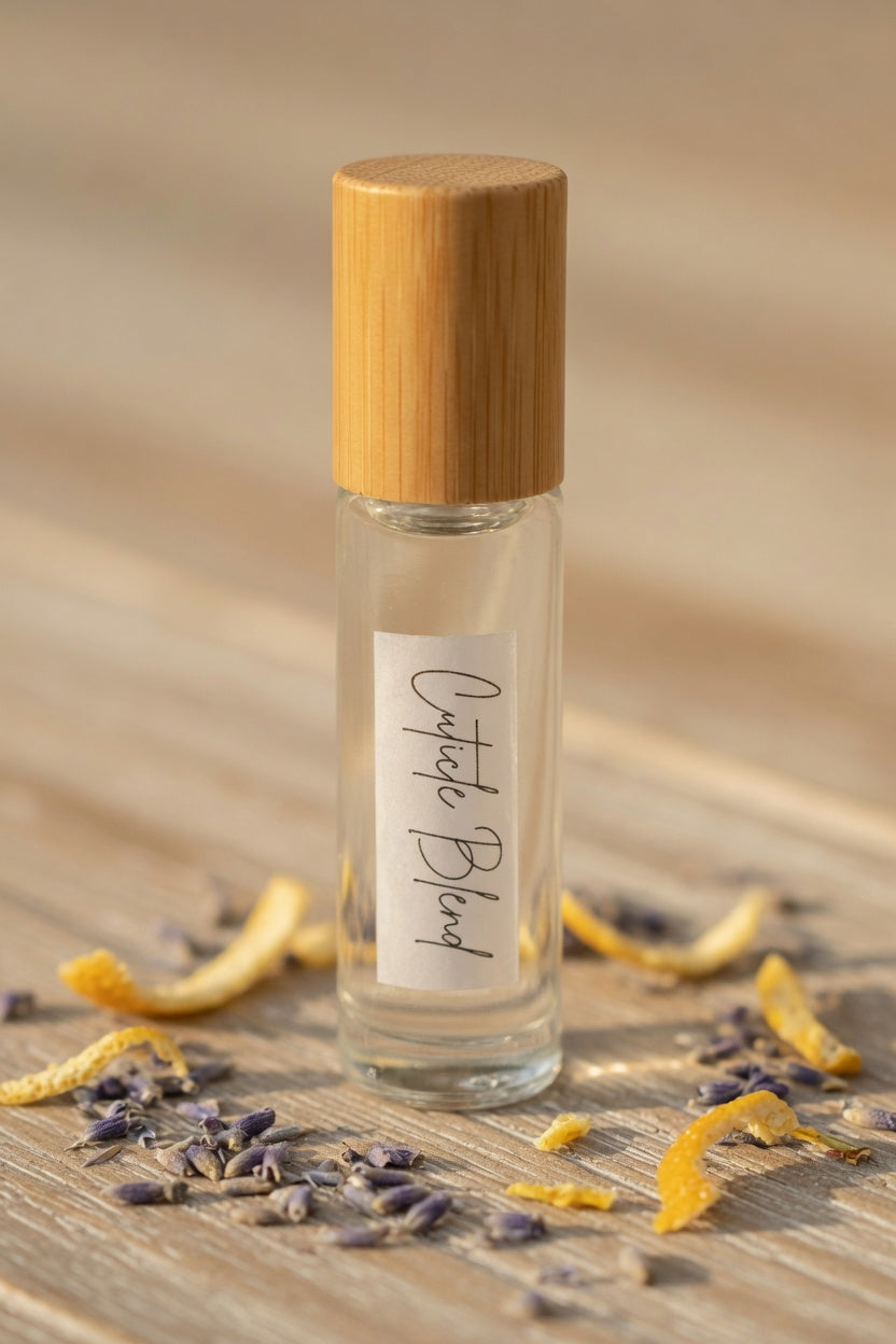 Cuticle blend essential oil roller with lavender and citrus peels on wooden surface, natural nail and cuticle care roller.
