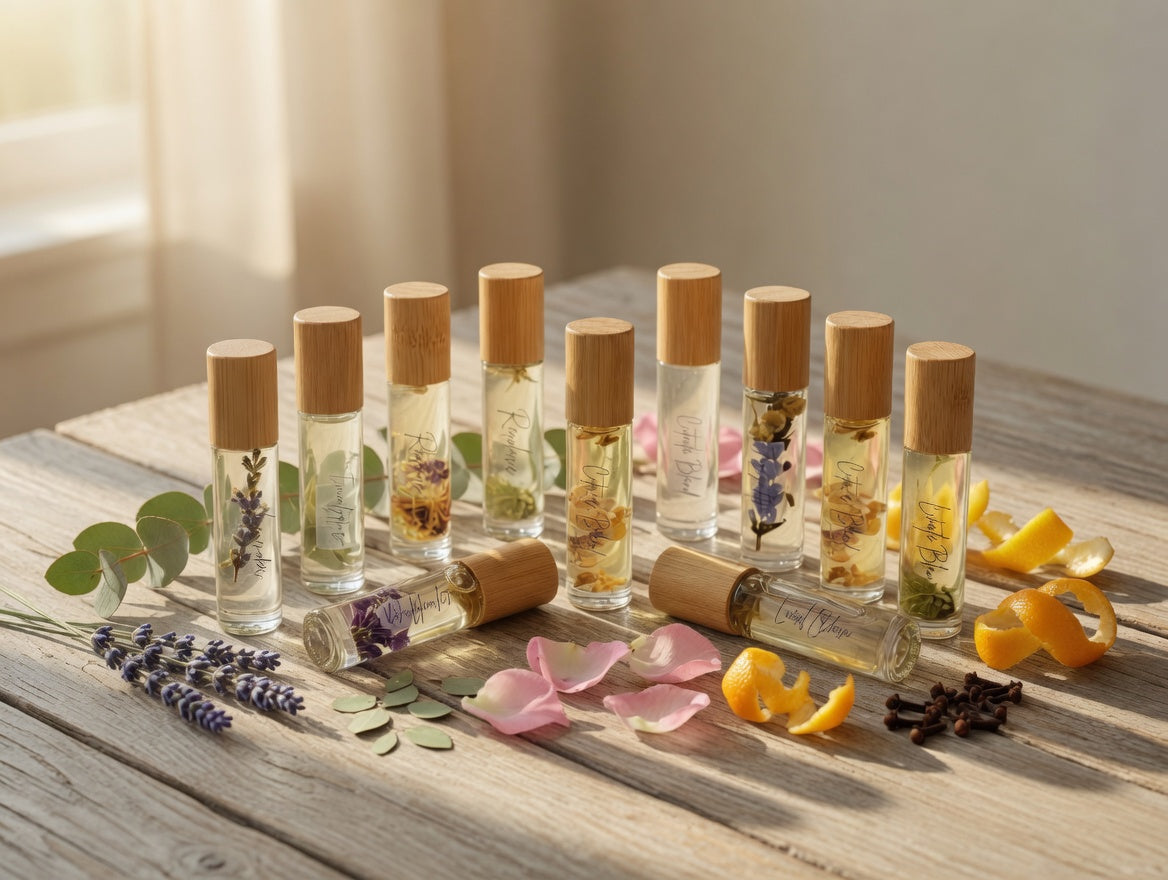 Collection of all natural essential oil roller bottles with dried botanicals and flowers. Handcrafted aromatherapy perfume rollers featuring lavender, citrus, rose, eucalyptus and other pure essential oil blends, arranged on wooden table in soft natural light.