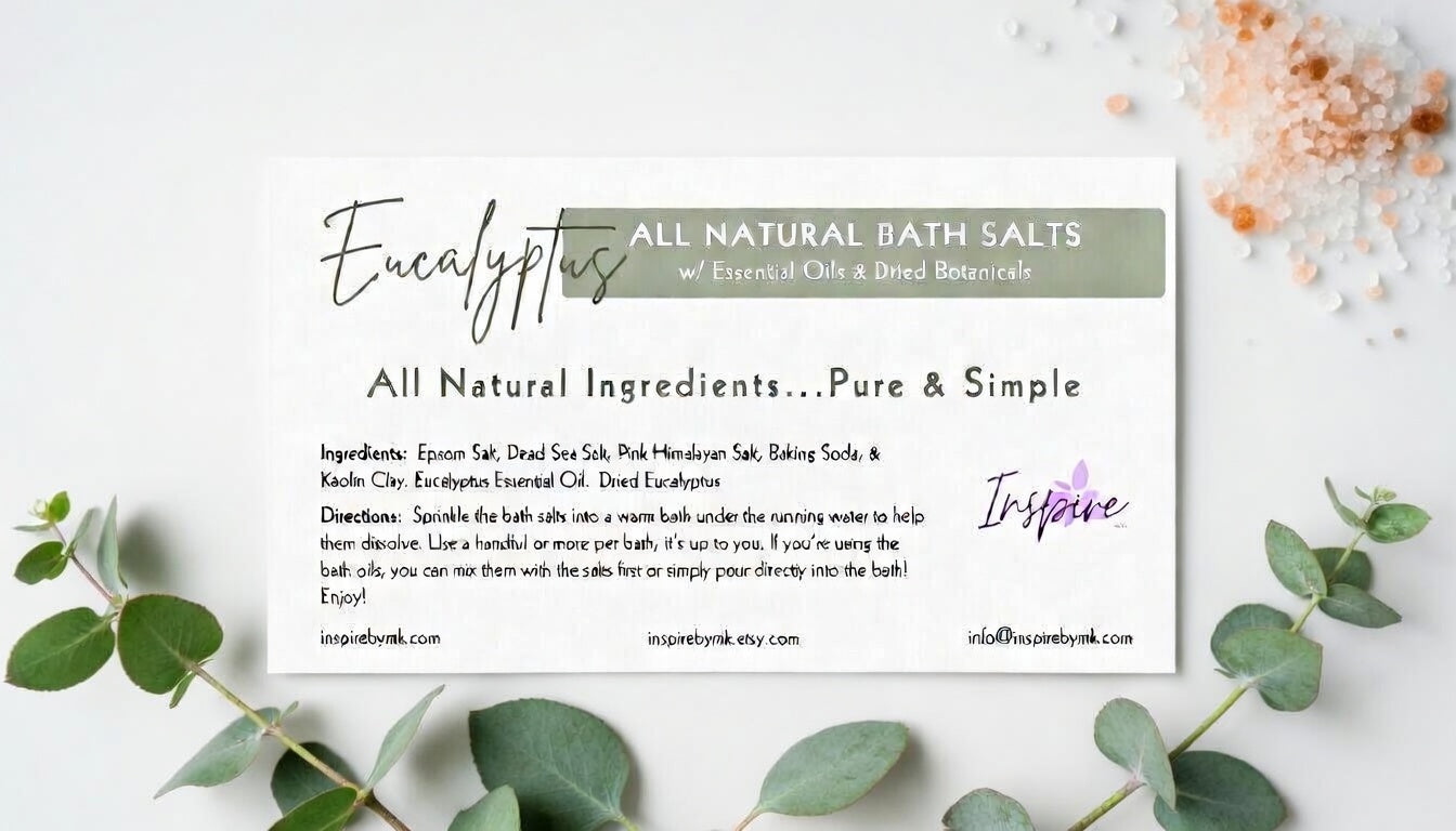 InspireByMK Eucalyptus Epsom bath salt product label showing all-natural ingredients epsom salt, dead sea salt, pink himalayan salt, kaolin clay, eucalyptus essential oil, and dried eucalyptus botanicals with usage directions and fresh eucalyptus branch styling