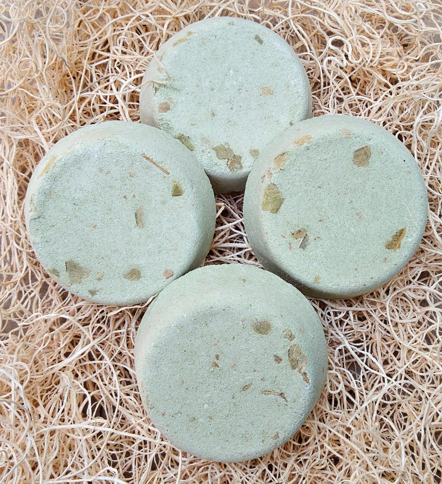 InspireByMK Eucalyptus Menthol shower steamer combining eucalyptus essential oil and menthol with eucalyptus hydrosol, light sage-green handcrafted steamer with dried eucalyptus for sinus relief and cooling aromatherapy