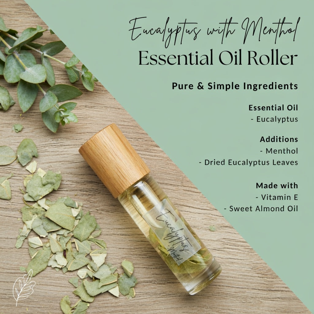 Eucalyptus with menthol essential oil roller, soothing blend with vitamin E and sweet almond oil, natural congestion relief roller