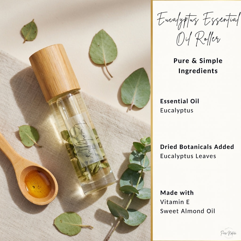 Eucalyptus essential oil roller with eucalyptus leaves, vitamin E and sweet almond oil, pure natural aromatherapy roller for breathing and refresh