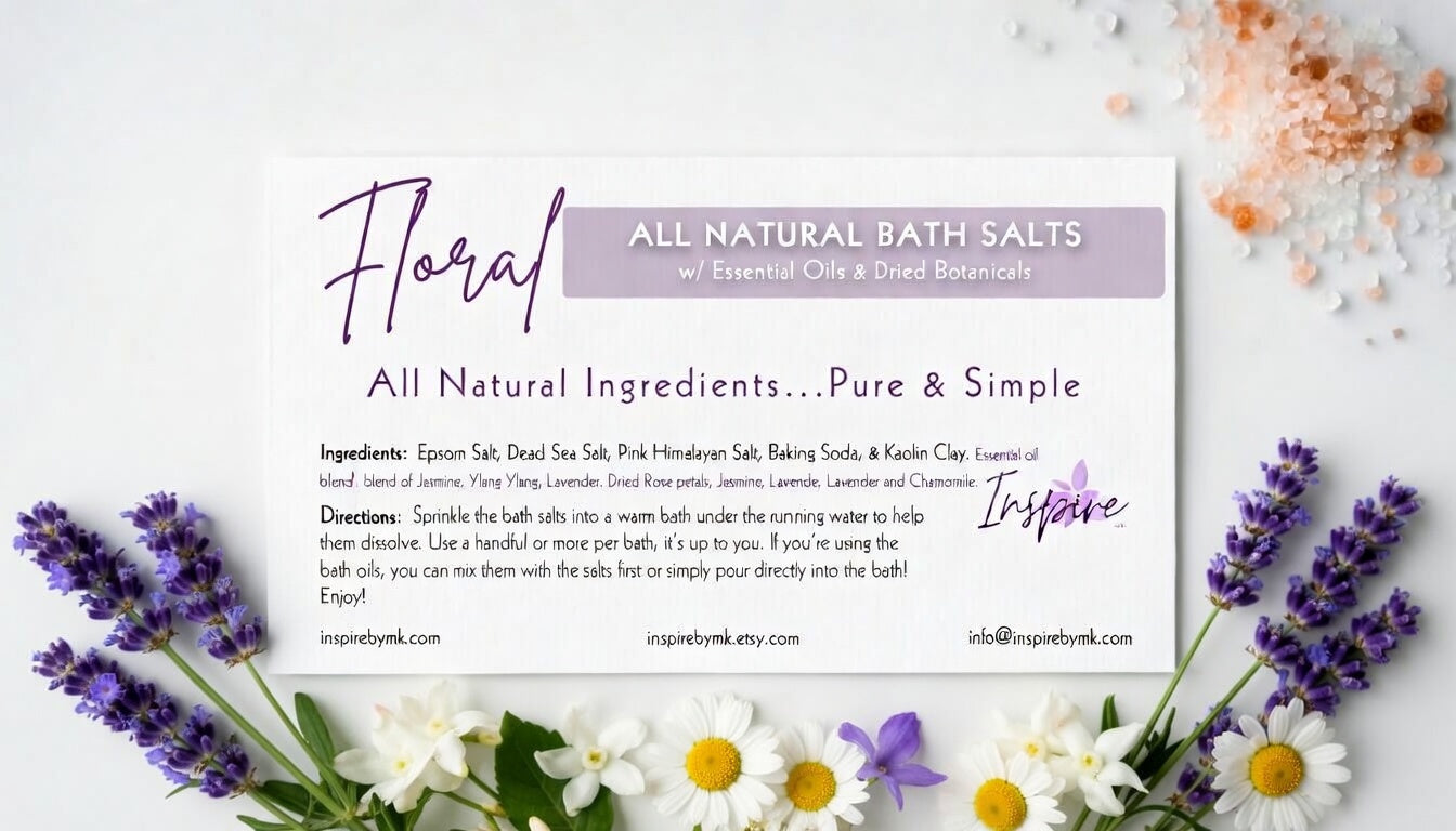InspireByMK Floral Epsom bath salt label with all-natural epsom salt, dead sea salt, pink himalayan salt, kaolin clay, and essential oil blend of jasmine, ylang ylang, lavender with dried flower petals and chamomile, surrounded by purple lavender and white daisy botanicals