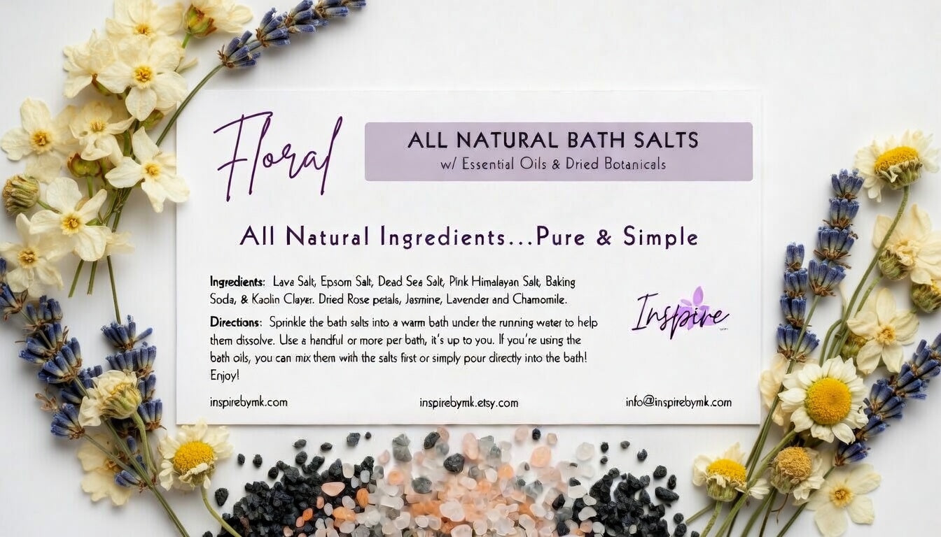 InspireByMK Floral Lava bath salt product label featuring all-natural lava salt, epsom salt, dead sea salt, pink himalayan salt, kaolin clay with jasmine, lavender, chamomile, and dried rose petals, decorated with white daisies and purple lavender botanical styling