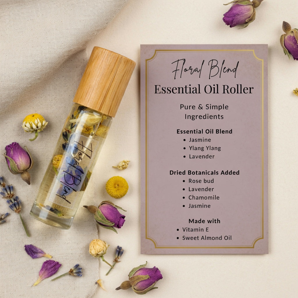 Floral blend essential oil roller with jasmine, ylang ylang and lavender, dried rose buds, chamomile and botanicals, natural perfume roller.