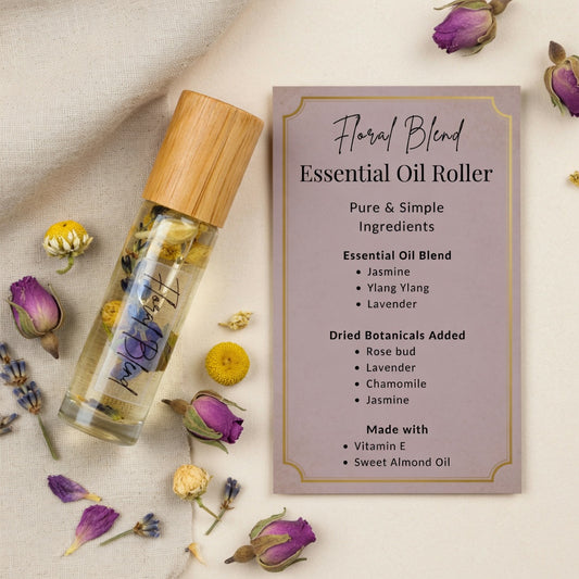 Floral blend essential oil roller with jasmine, ylang ylang and lavender, dried rose buds, chamomile and botanicals, natural perfume roller.