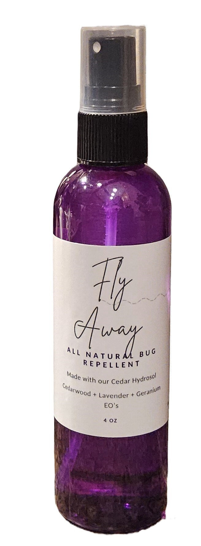 InspireByMK Fly Away Cedar All Natural Bug Repellent 4 oz purple glass spray bottle with black cap, made with steam-distilled cedar hydrosol and cedarwood, lavender, geranium essential oils, DEET-free natural insect repellent for kids and pets