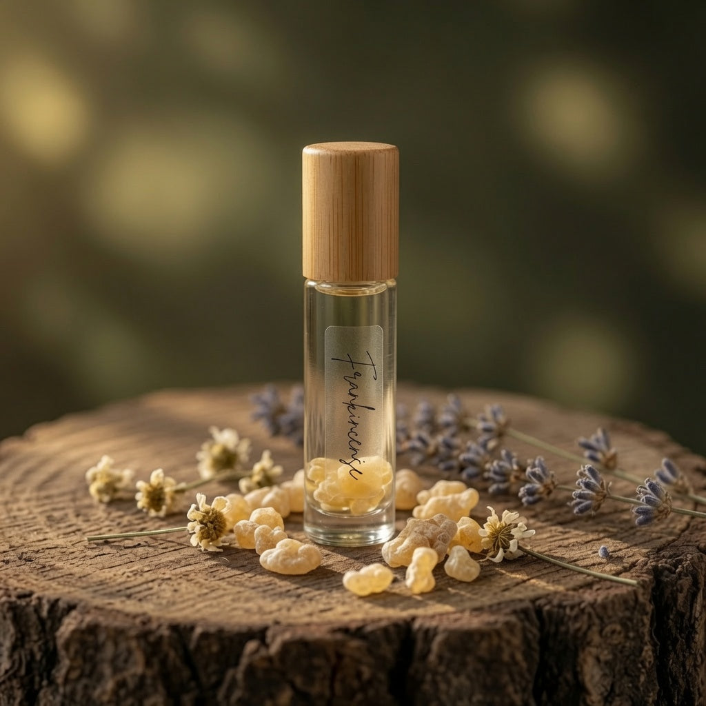 InspireByMK Frankincense Essential Oil Roller glass bottle with bamboo cap displayed on wood stump with dried frankincense resin, lavender sprigs and chamomile, handcrafted all-natural aromatherapy perfume roller with botanical ingredients