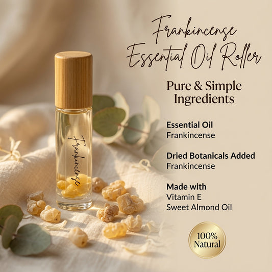 InspireByMK Frankincense Essential Oil Roller in glass bottle with bamboo cap, pure frankincense essential oil with dried frankincense botanicals, made with Vitamin E and Sweet Almond Oil, 100% natural handcrafted aromatherapy roller