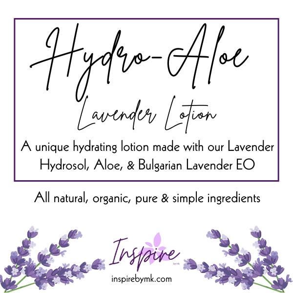 InspireByMK Hydro-Aloe Lavender Lotion product label featuring unique hydrating lotion with lavender hydrosol, aloe, and Bulgarian lavender essential oil, all-natural organic pure ingredients, decorated with dried purple lavender sprigs